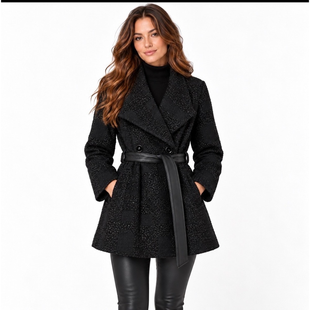 Mackage Montreal Black Metallic Boucle Plaid Belted Wrap Coat Jacket Medium M